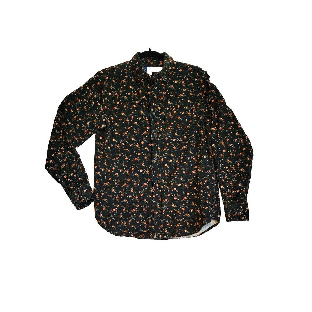 Women Shirt Size Large Old Navy Blue Corduroy Button Up Tiny Pink Flowers